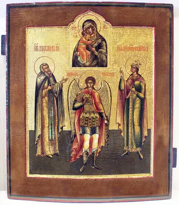 Старинная икона «Михаил Архангел, святая Екатерина, Федоровская Божья Матерь, Преподобный Михаил Клопский»