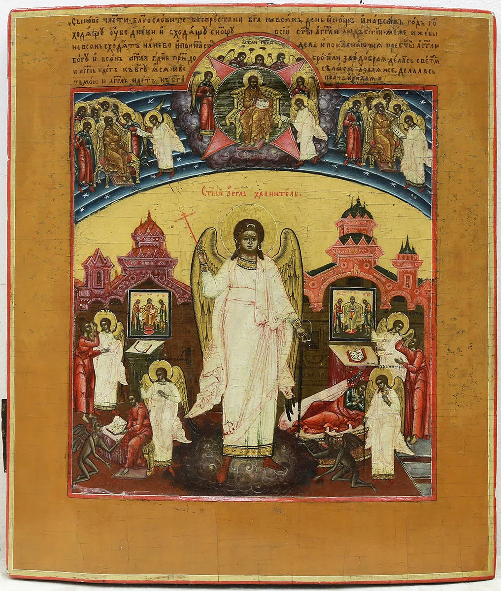 Редкая старинная икона «Святой Ангел Хранитель со сценами жития»