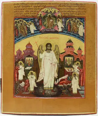 Редкая старинная икона «Святой Ангел Хранитель со сценами жития»