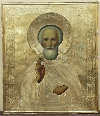 Старинная икона «Сергий Радонежский» в серебряном окладе